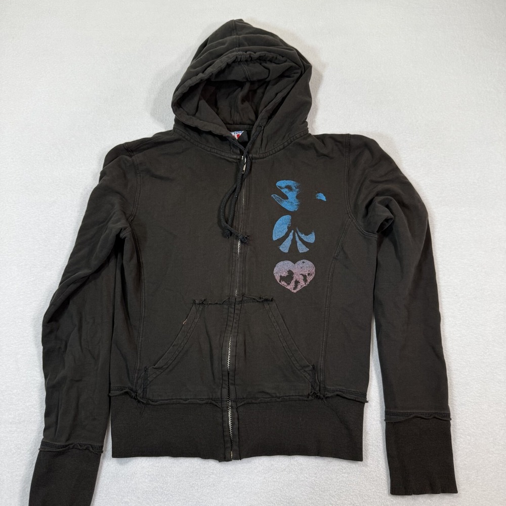 Junk Food Hoodie Women's XS Black Zip Up Live Love Life Graphic Distressed Retro